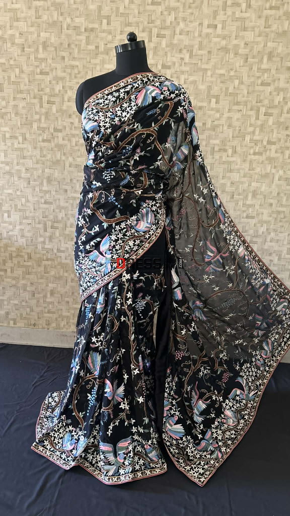 Designer Black Multicolour Parsi Gara Saree Parsi Gara Saree