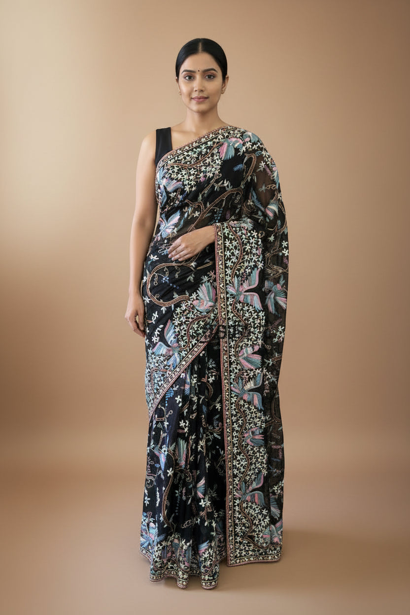 Black Parsi Gara Saree with Traditional Motifs