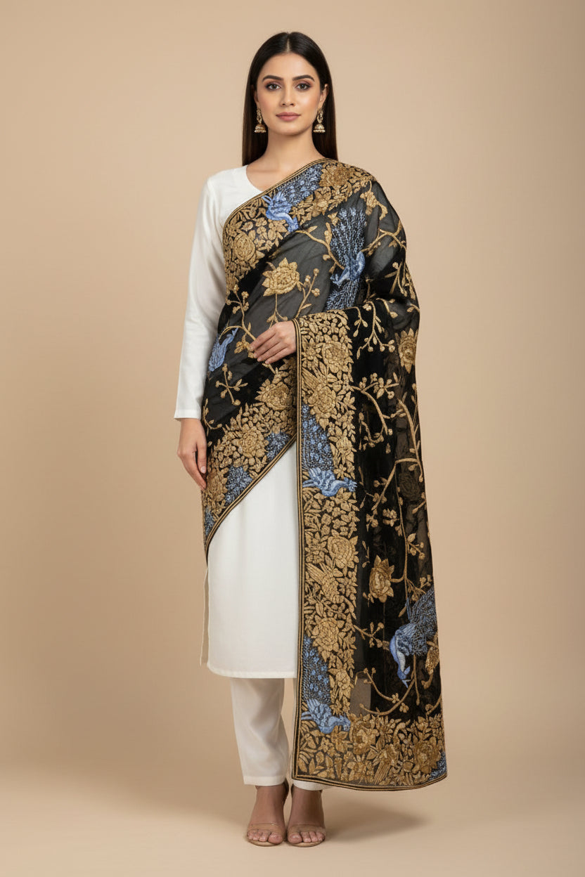 Pre Order Designer Black Parsi Gara Dupatta