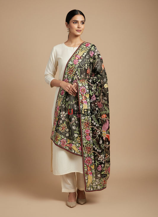 Pre Order Designer Black Parsi Gara Dupatta with Multicolour Embroidery