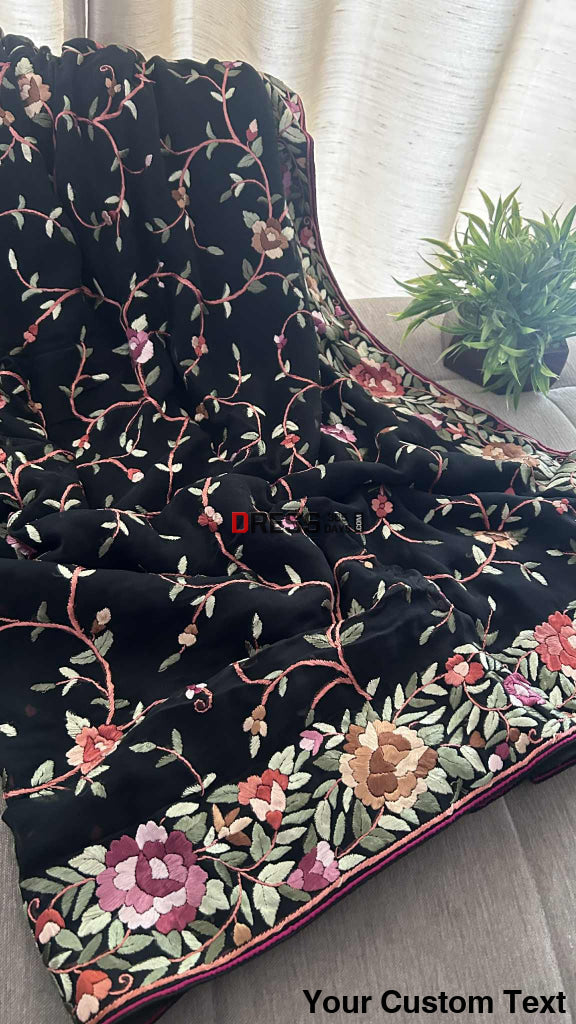 Designer Black Parsi Gara Pure Georgette Saree Parsi Gara Saree
