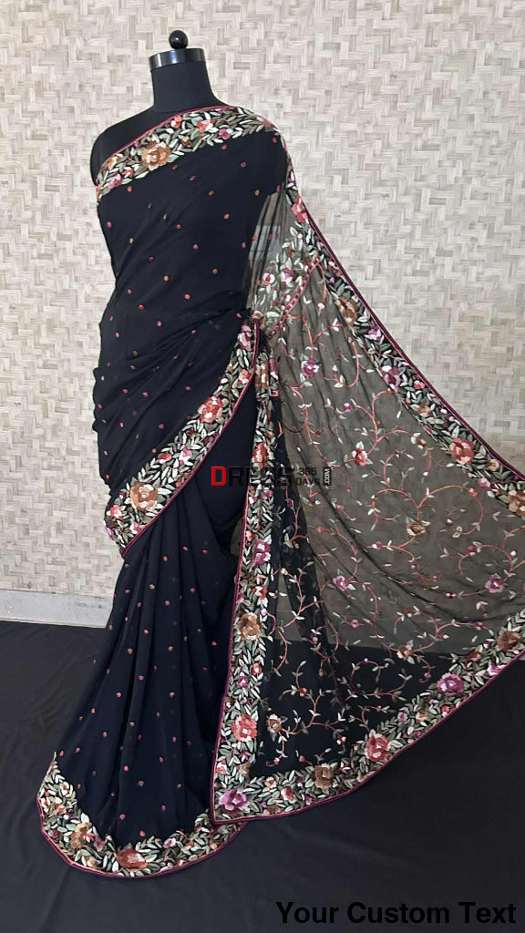 Designer Black Parsi Gara Pure Georgette Saree Parsi Gara Saree
