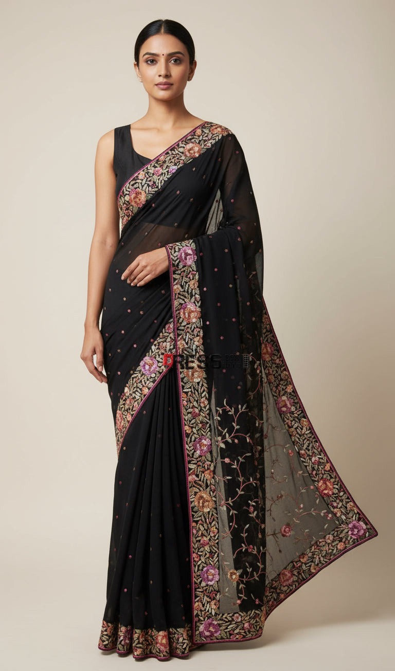 Pre Order Designer Black Parsi Gara Pure Georgette Saree