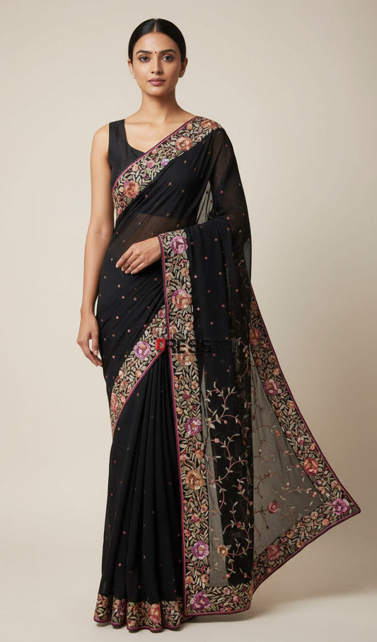 Pre Order Designer Black Parsi Gara Pure Georgette Saree