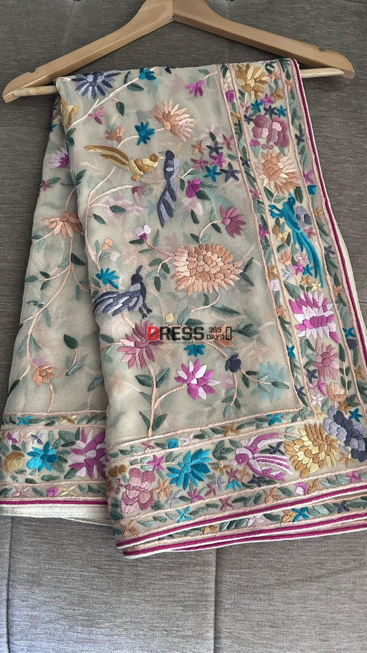 Designer Cream Parsi Gara Hand Embroidered Dupatta