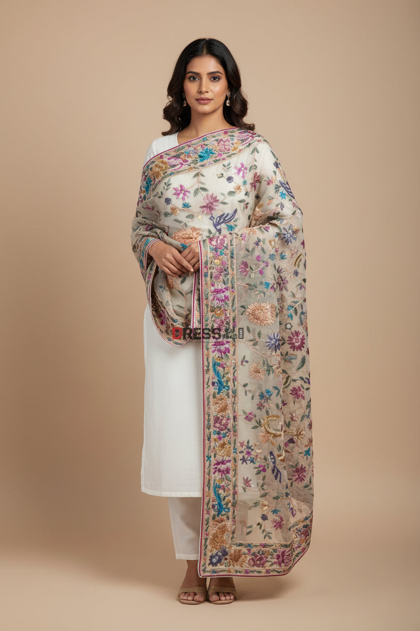Pre Order Designer Cream Parsi Gara Hand Embroidered Dupatta