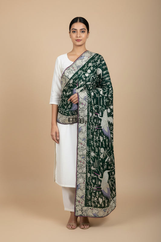 Pre Order Designer Emerald Green Parsi Gara Dupatta