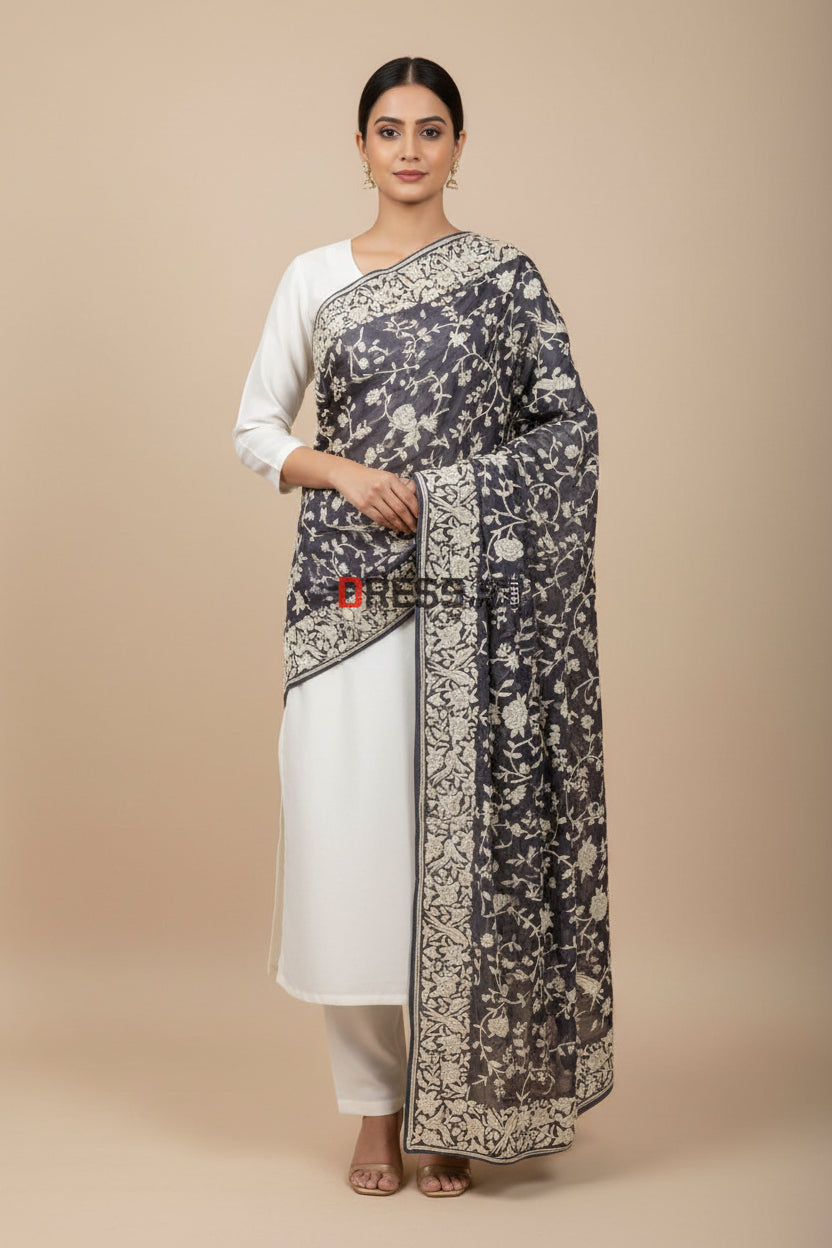 Pre Order Designer Grey & Ivory Parsi Gara Dupatta