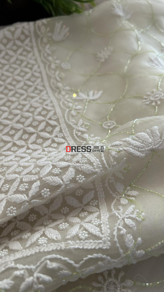 Designer Ivory Organza Pearls & Cut Dana Chikankari Suit Suits