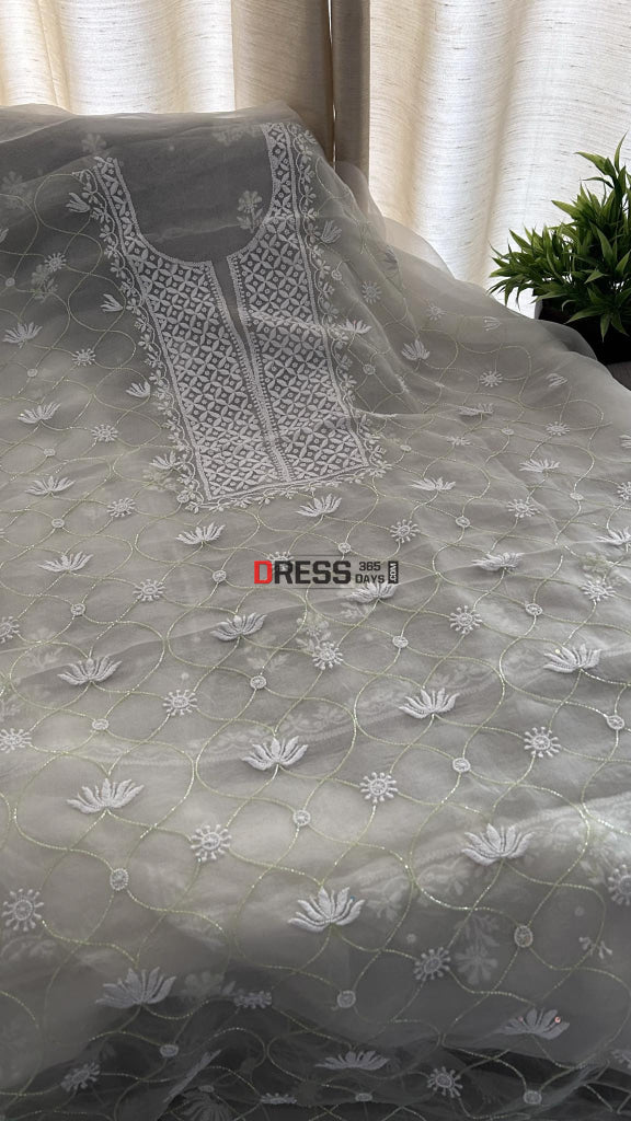 Designer Ivory Organza Pearls & Cut Dana Chikankari Suit Suits