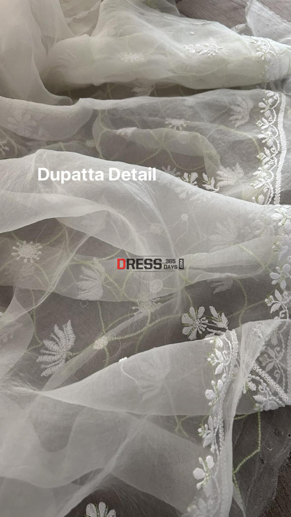 Designer Ivory Organza Pearls & Cut Dana Chikankari Suit Suits