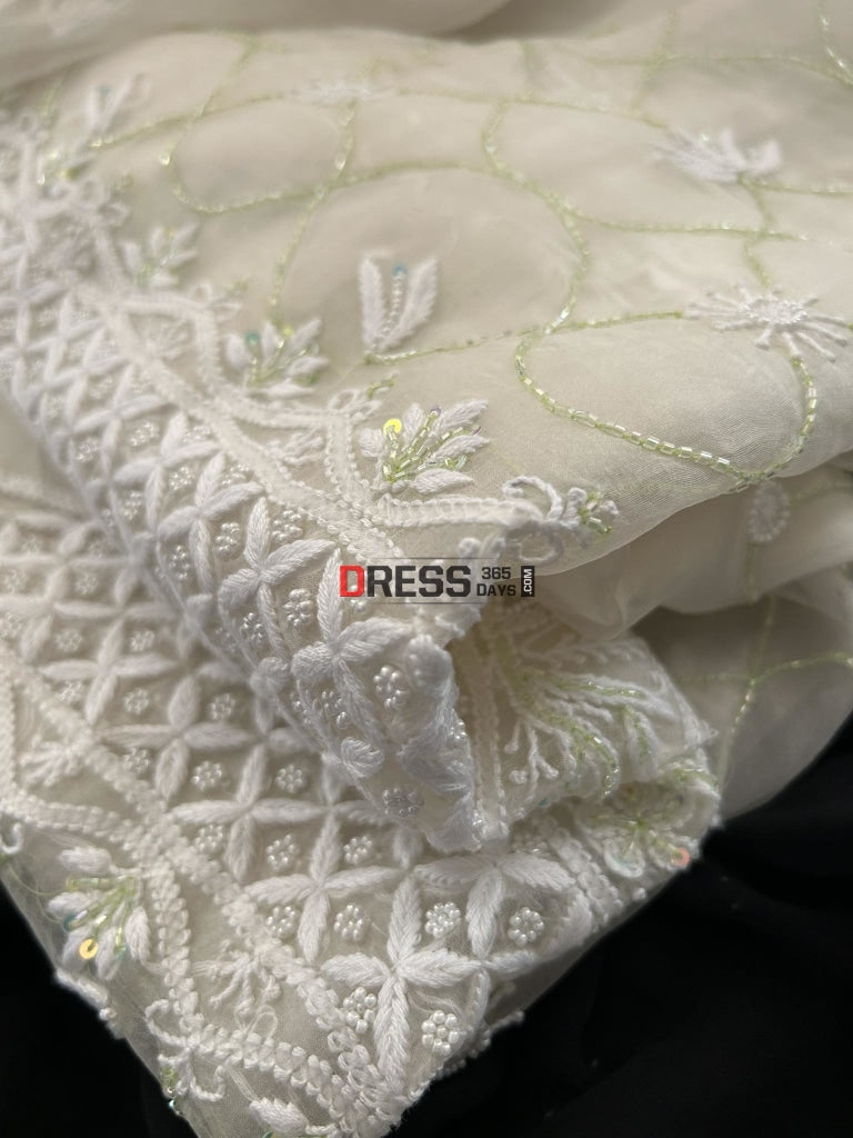 Designer Ivory Organza Pearls & Cut Dana Chikankari Suit Suits