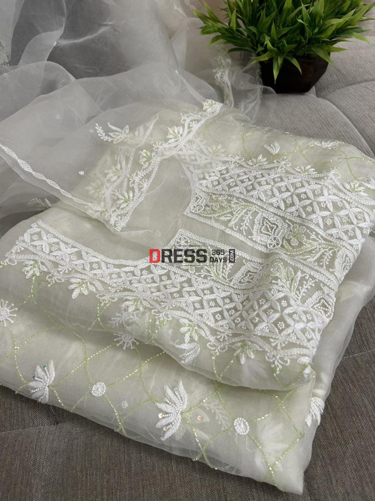 Designer Ivory Organza Pearls & Cut Dana Chikankari Suit Suits