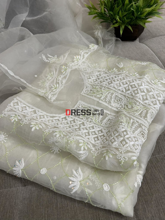 Designer Ivory Organza Pearls & Cut Dana Chikankari Suit Suits
