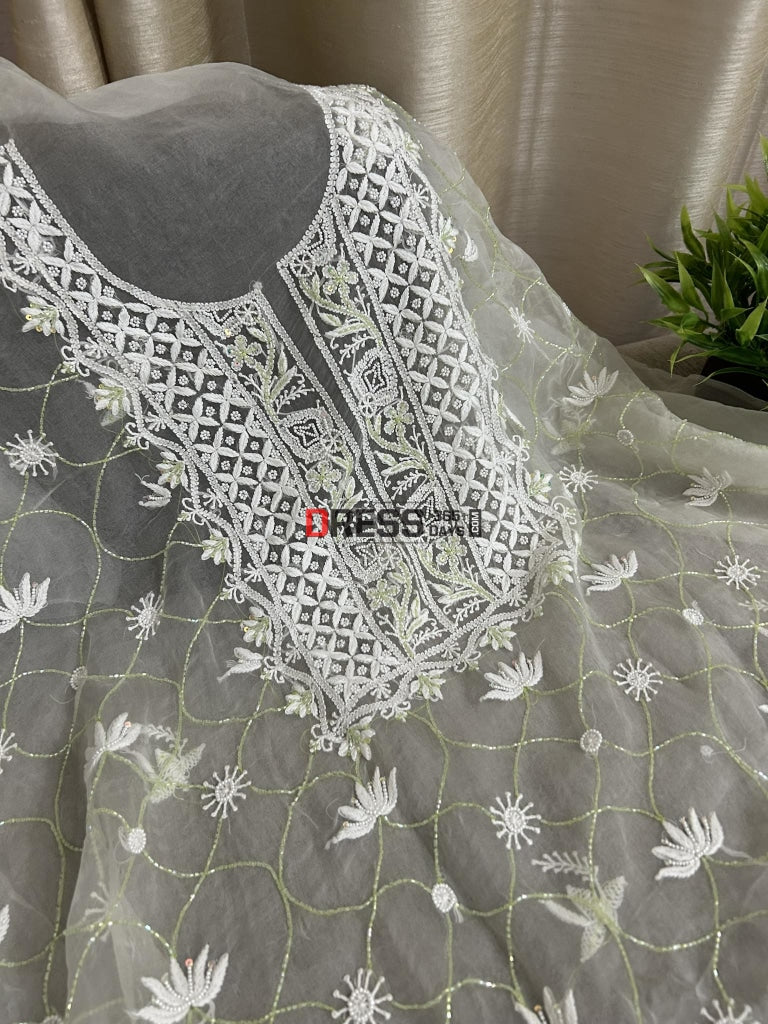 Designer Ivory Organza Pearls & Cut Dana Chikankari Suit Suits