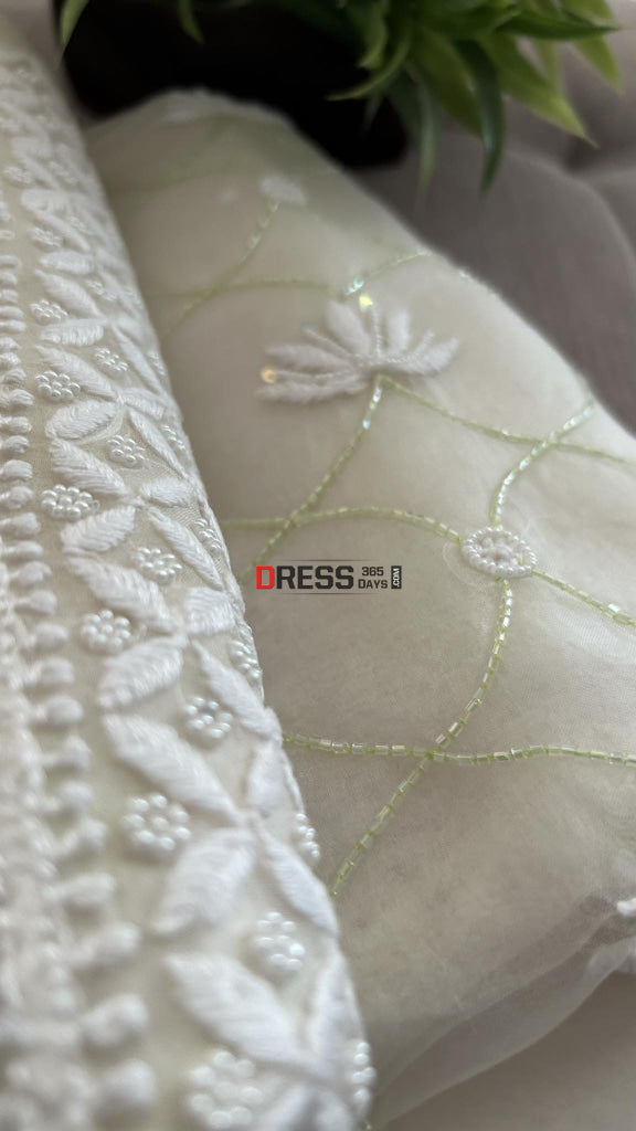 Designer Ivory Organza Pearls & Cut Dana Chikankari Suit Suits