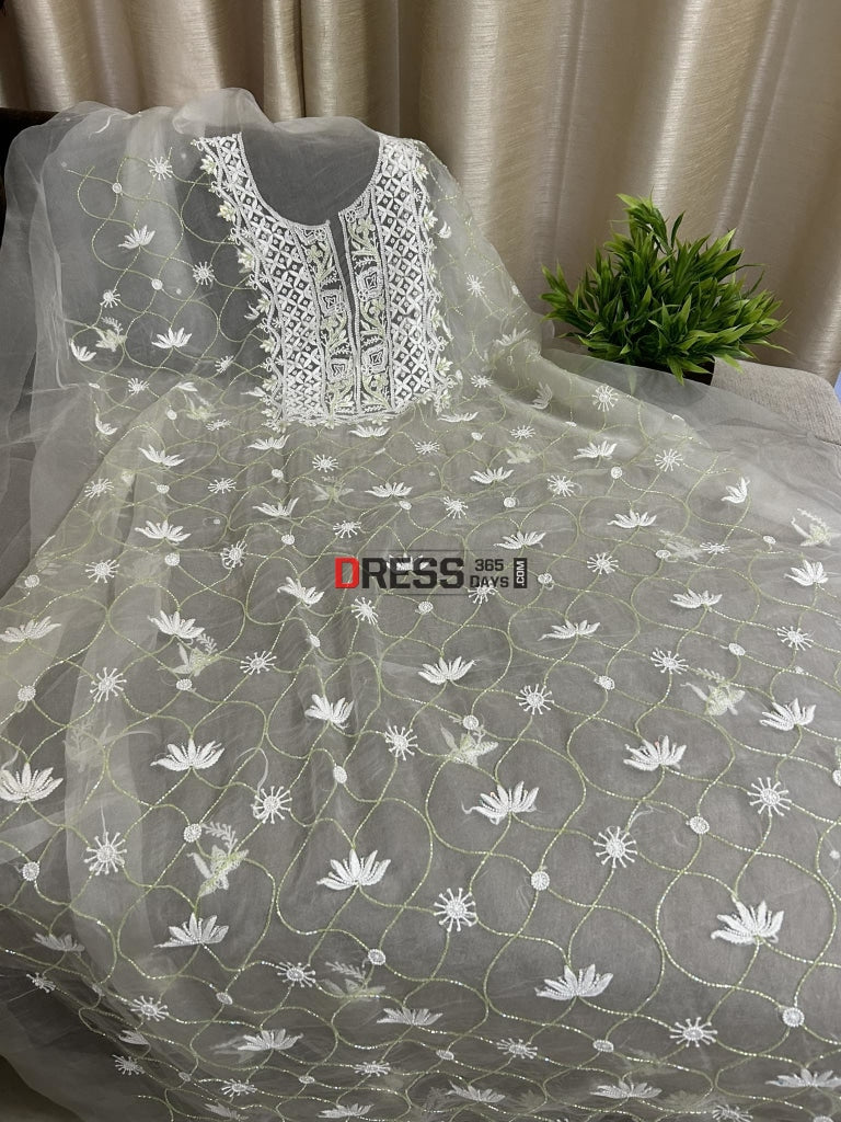 Designer Ivory Organza Pearls & Cut Dana Chikankari Suit Suits