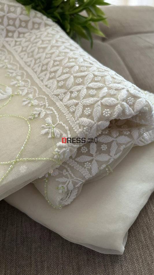 Designer Ivory Organza Pearls & Cut Dana Chikankari Suit Suits