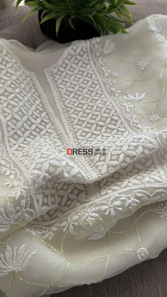 Designer Ivory Organza Pearls & Cut Dana Chikankari Suit Suits