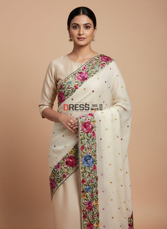 Designer Ivory Parsi Gara Hand Embroidered Dupatta