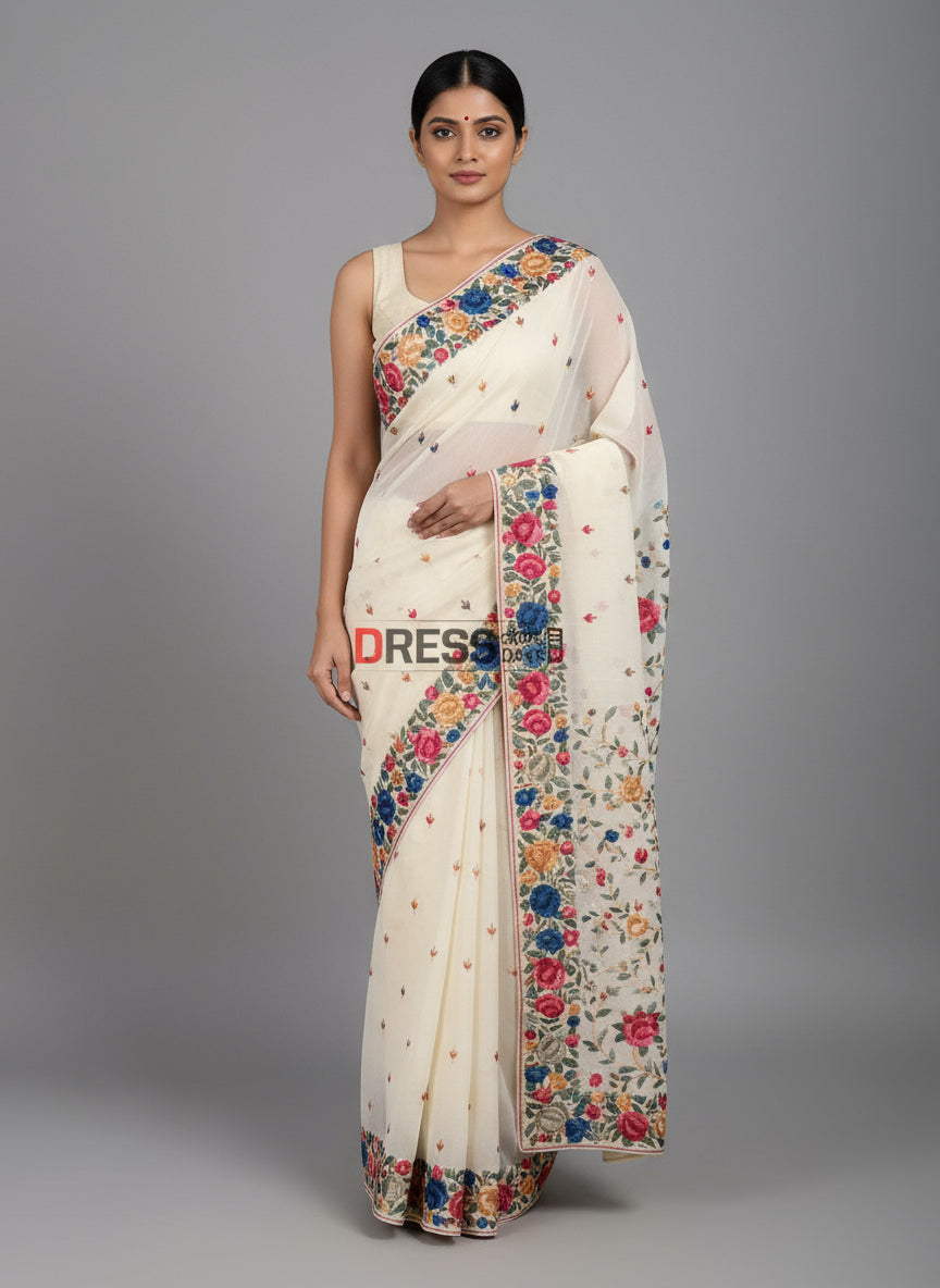 Designer Ivory Parsi Gara Crepe Silk Saree