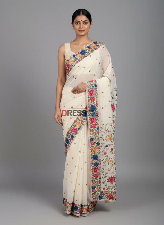 Designer Ivory Parsi Gara Crepe Silk Saree