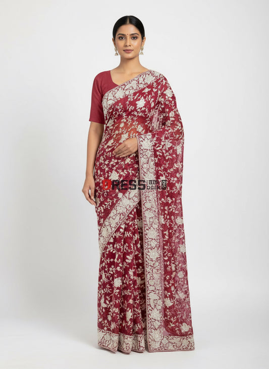 Pre Order Designer Ivory & Rose Pink Parsi Gara Saree