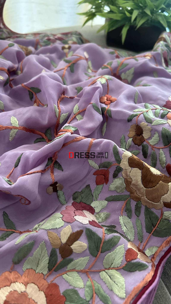 Designer Lavender Crepe Silk Parsi Gara Saree Parsi Gara Saree