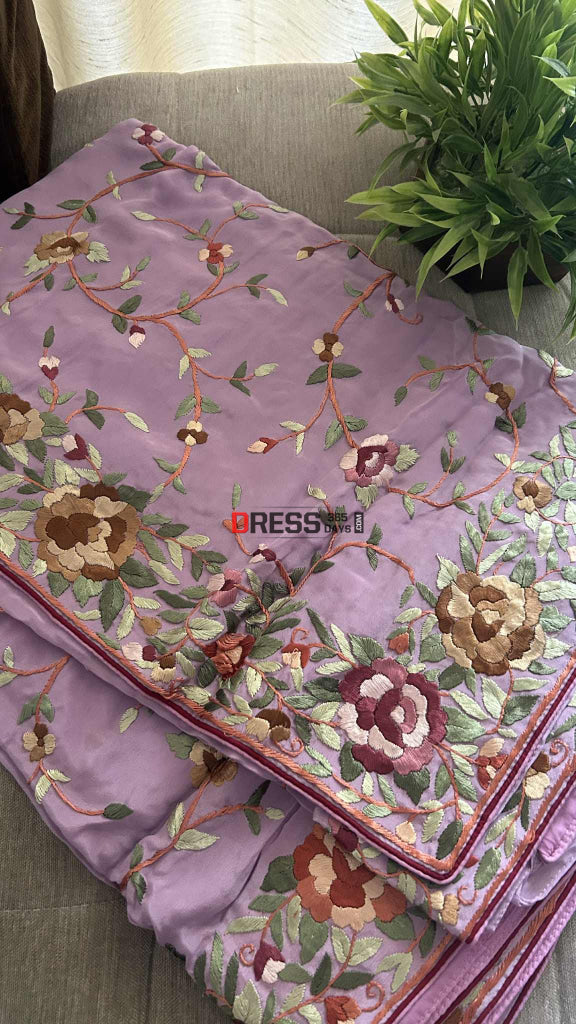 Designer Lavender Crepe Silk Parsi Gara Saree Parsi Gara Saree