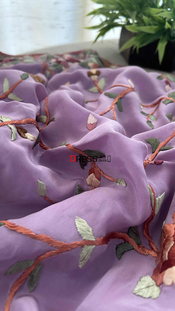 Designer Lavender Crepe Silk Parsi Gara Saree Parsi Gara Saree