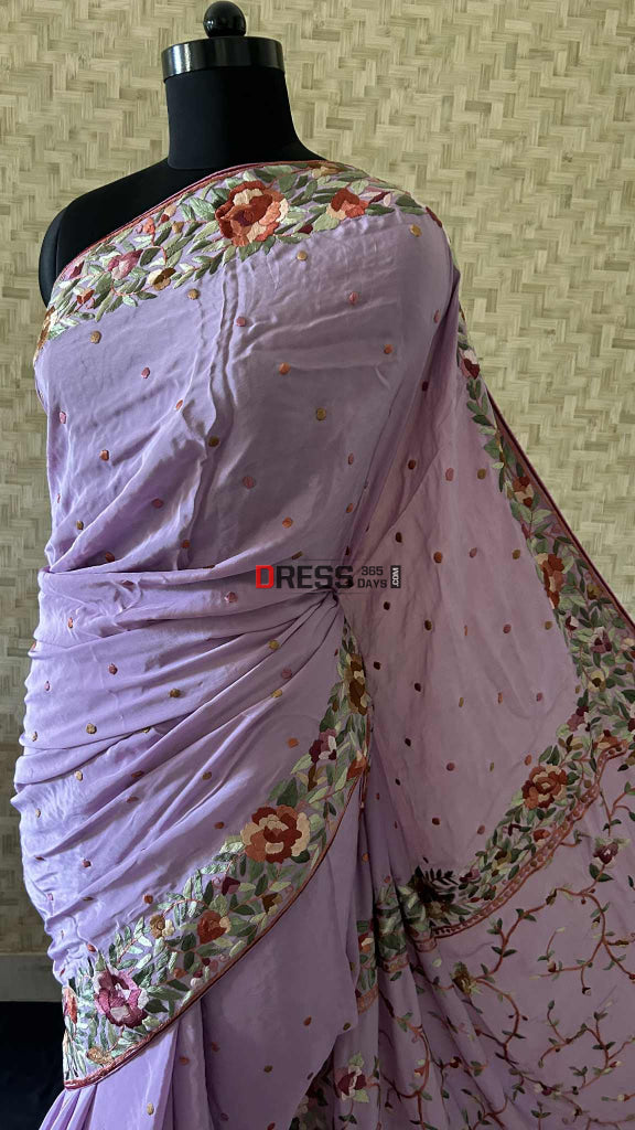 Designer Lavender Crepe Silk Parsi Gara Saree Parsi Gara Saree