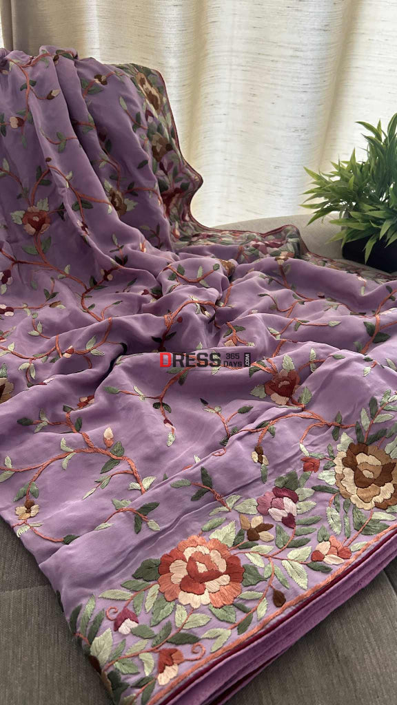 Designer Lavender Crepe Silk Parsi Gara Saree Parsi Gara Saree
