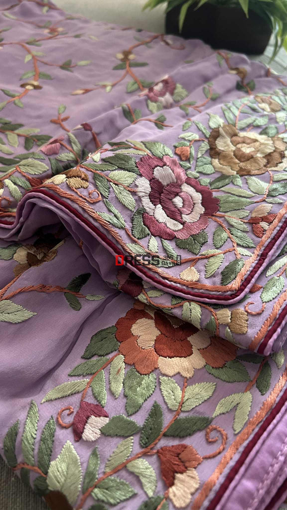 Designer Lavender Crepe Silk Parsi Gara Saree Parsi Gara Saree