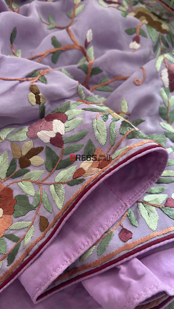 Designer Lavender Crepe Silk Parsi Gara Saree Parsi Gara Saree