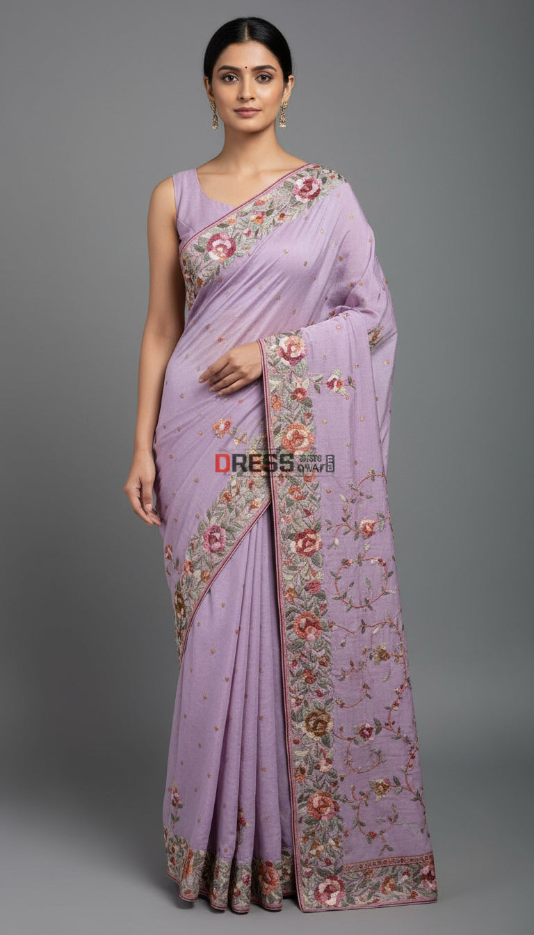 Designer Lavender Crepe Silk Parsi Gara Saree Parsi Gara Saree