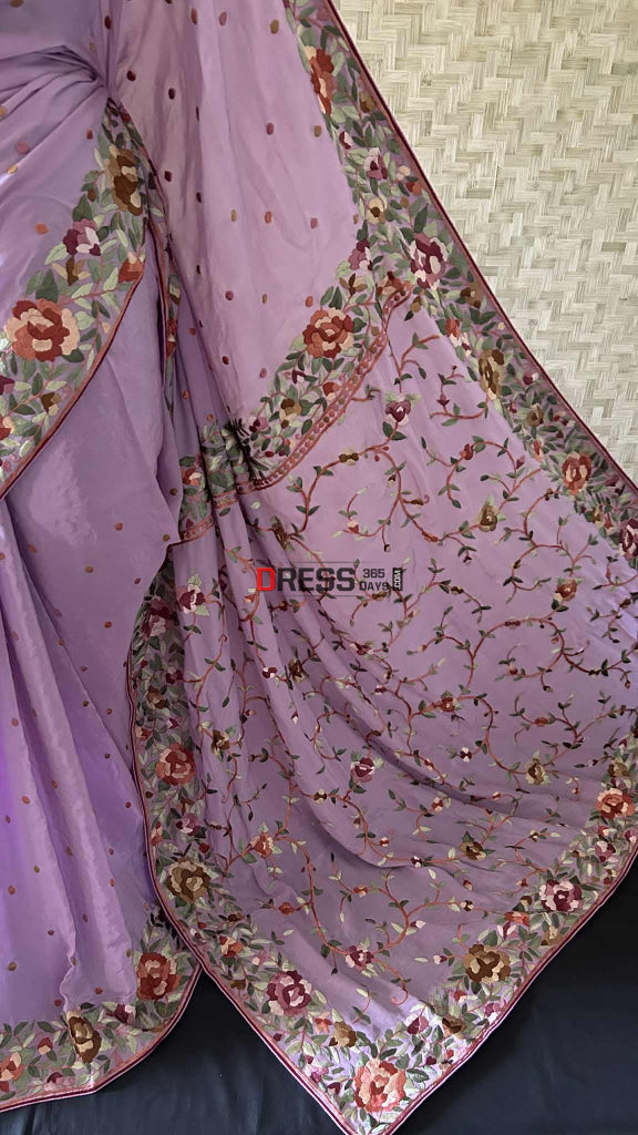 Designer Lavender Crepe Silk Parsi Gara Saree Parsi Gara Saree