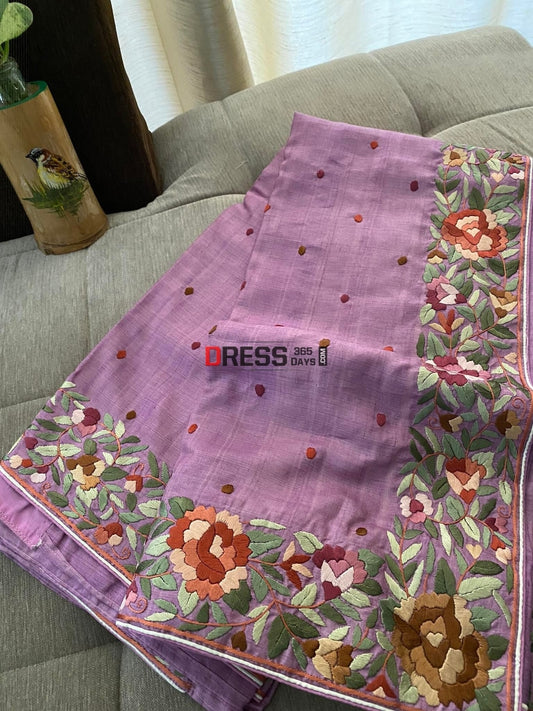 Designer Lilac Parsi Gara Hand Embroidered Tussar Silk Saree