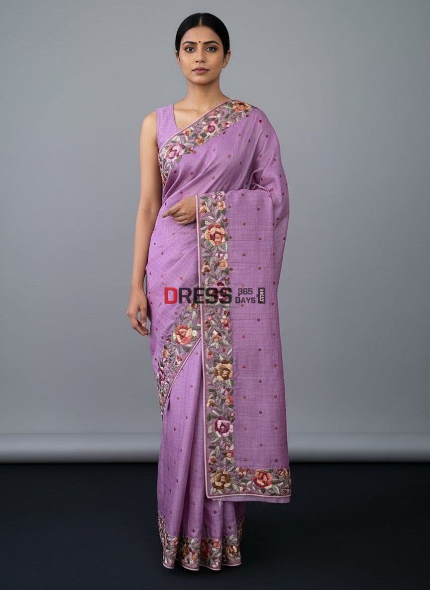 Pre Order Designer Lilac Parsi Gara Hand Embroidered Tussar Silk Saree