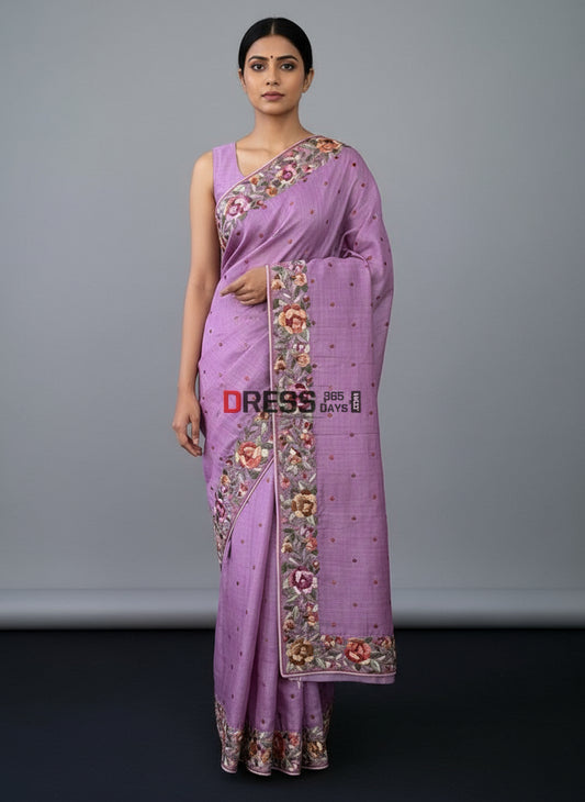 Pre Order Designer Lilac Parsi Gara Hand Embroidered Tussar Silk Saree