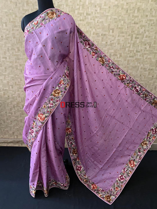Designer Lilac Parsi Gara Hand Embroidered Tussar Silk Saree