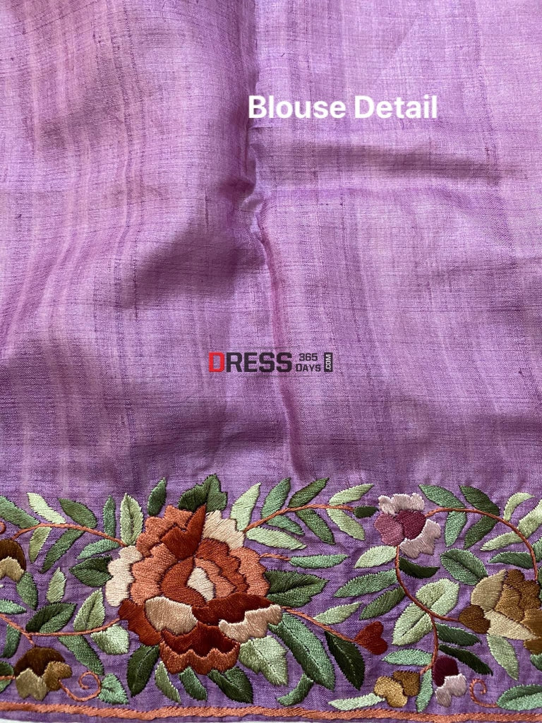 Designer Lilac Parsi Gara Hand Embroidered Tussar Silk Saree