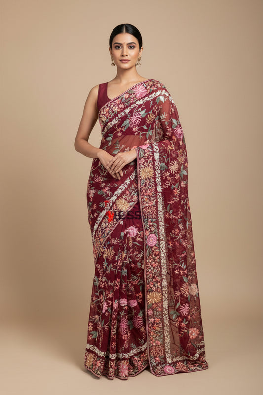 Designer Maroon Multicolor Parsi Gara Saree Parsi Gara Saree