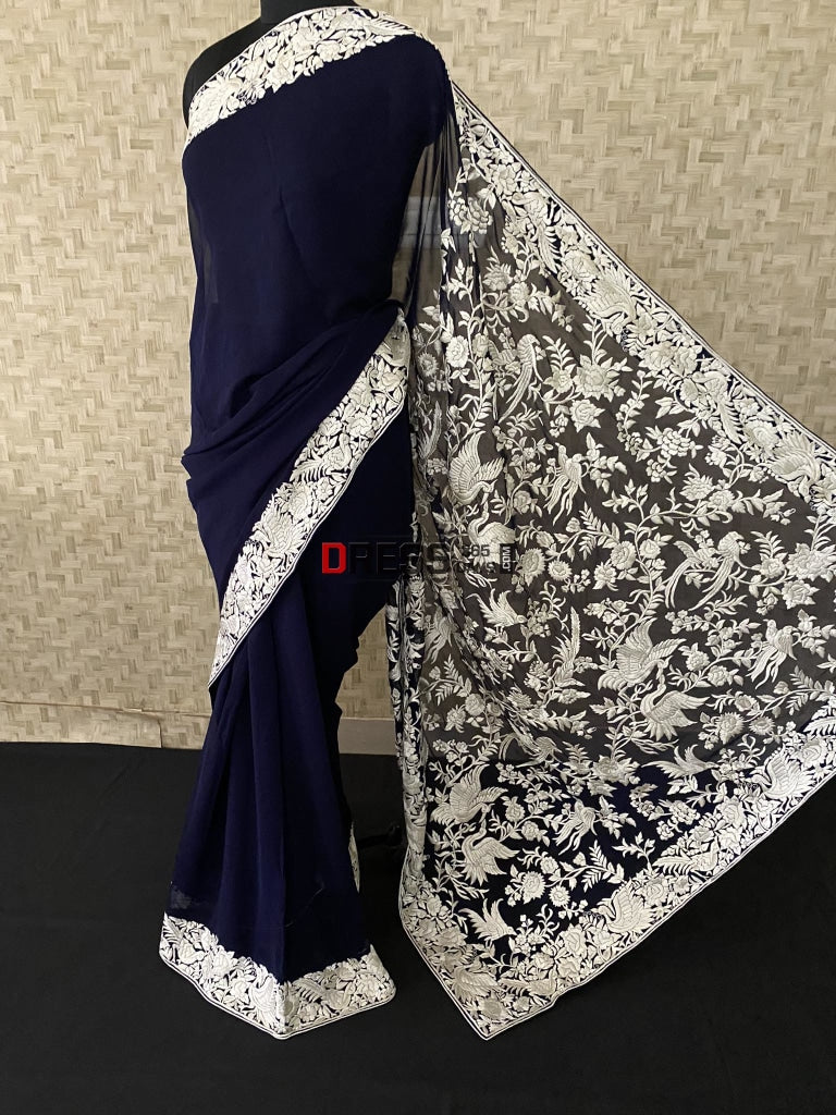 Designer Midnight Blue Parsi Gara Saree