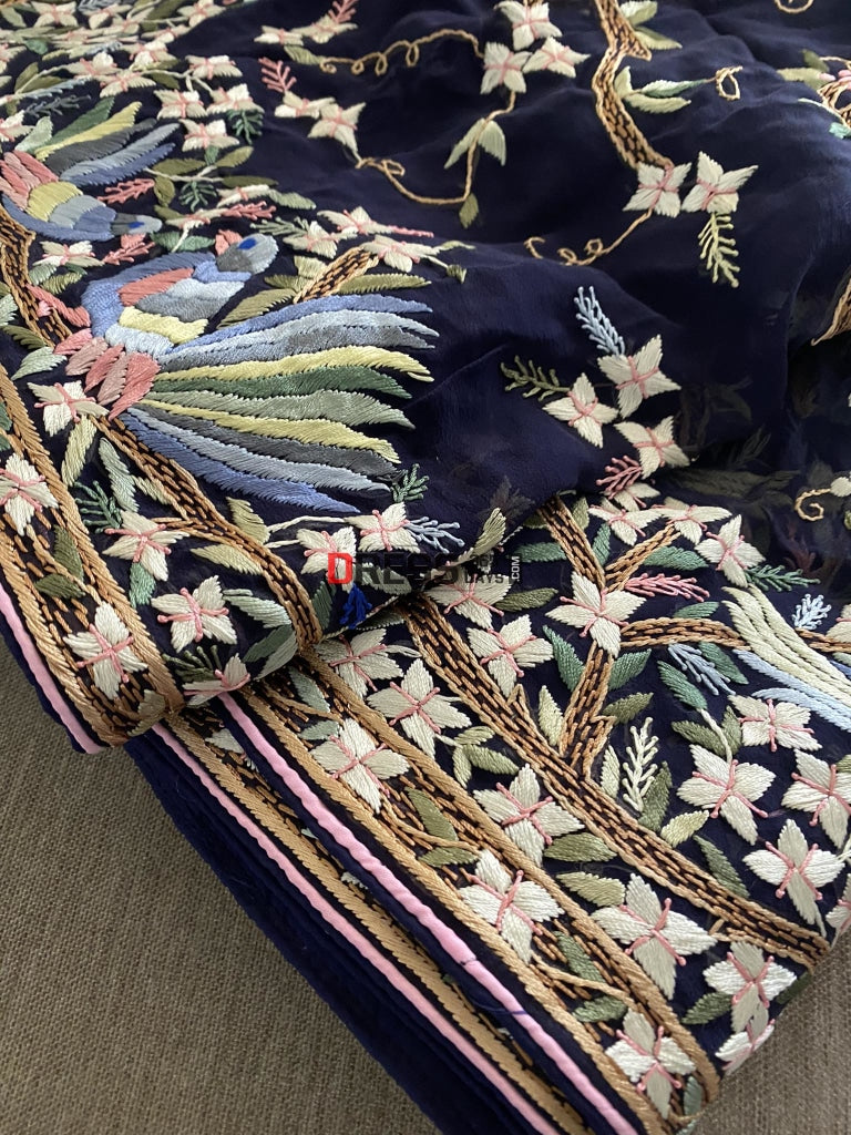 Designer Midnight Blue Parsi Gara Saree Dupatta
