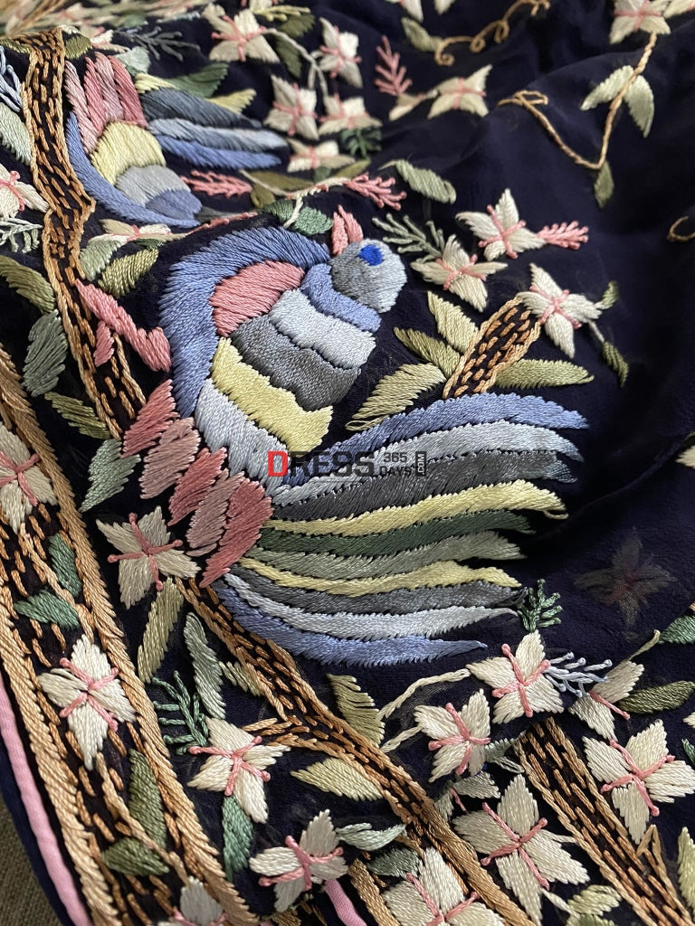 Designer Midnight Blue Parsi Gara Saree Dupatta