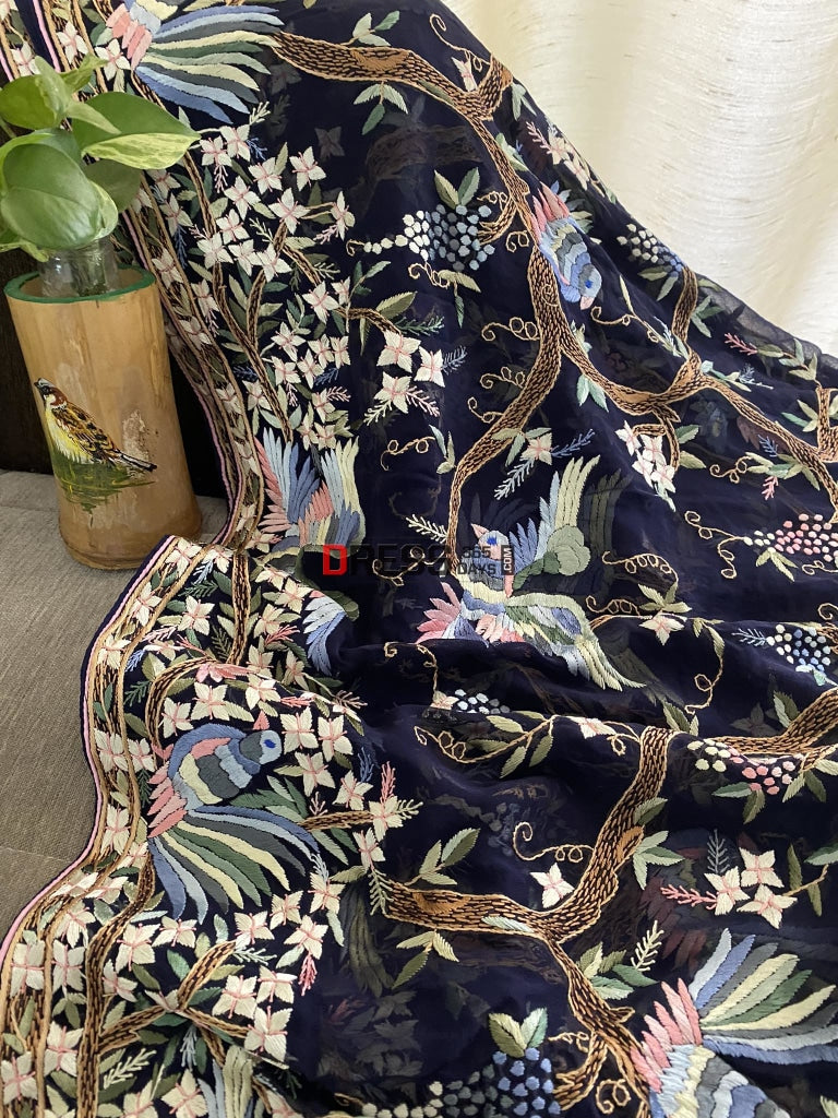 Designer Midnight Blue Parsi Gara Saree Dupatta