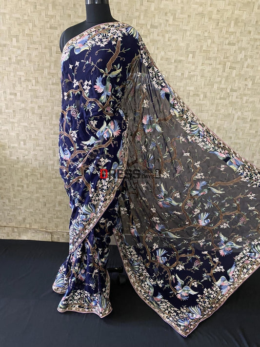 Designer Midnight Blue Parsi Gara Saree Dupatta