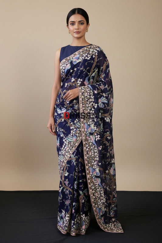 Pre Order Designer Midnight Blue Parsi Gara Saree