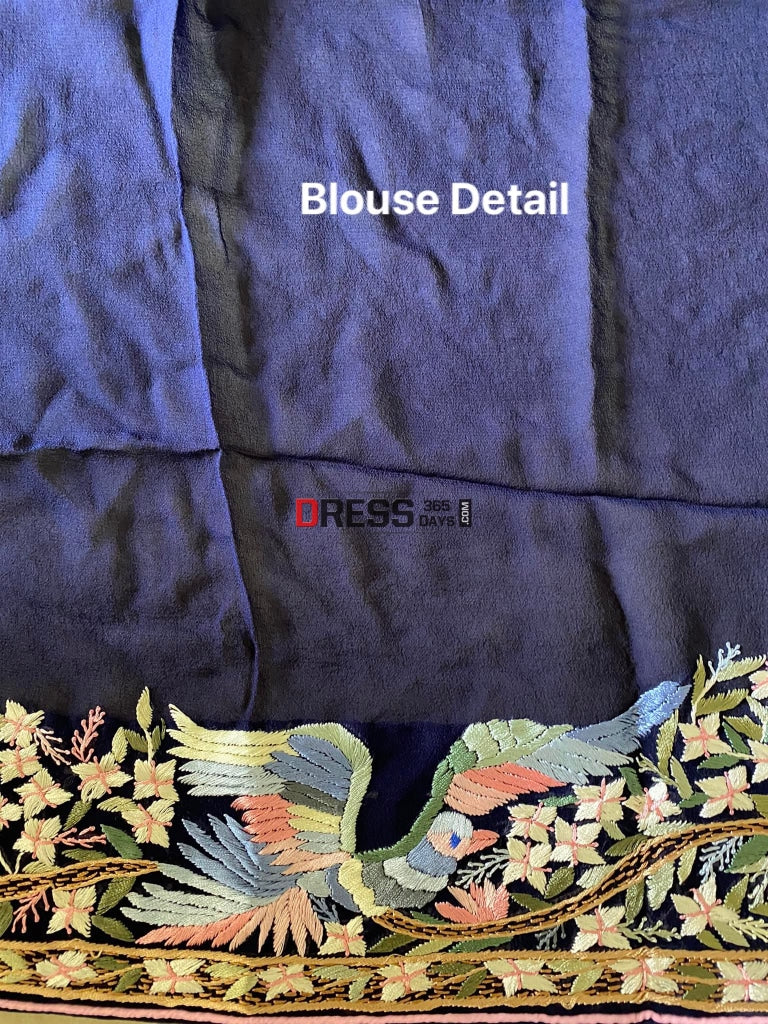 Designer Midnight Blue Parsi Gara Saree Dupatta