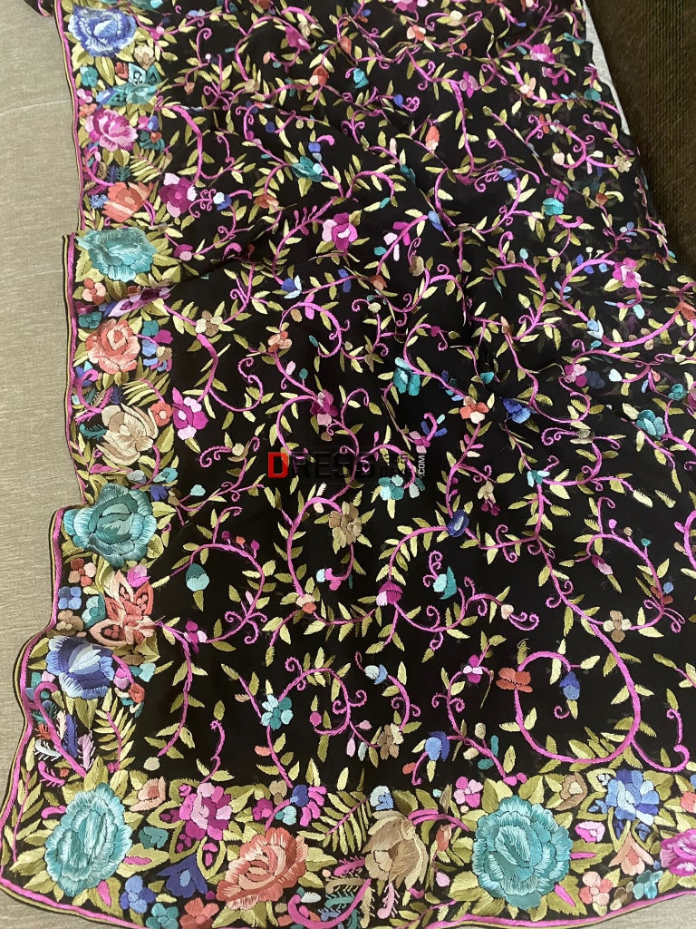 Gara Praid Traditional Black Parsi Gara Saree with Intricate Multicolour Hand Emb ...